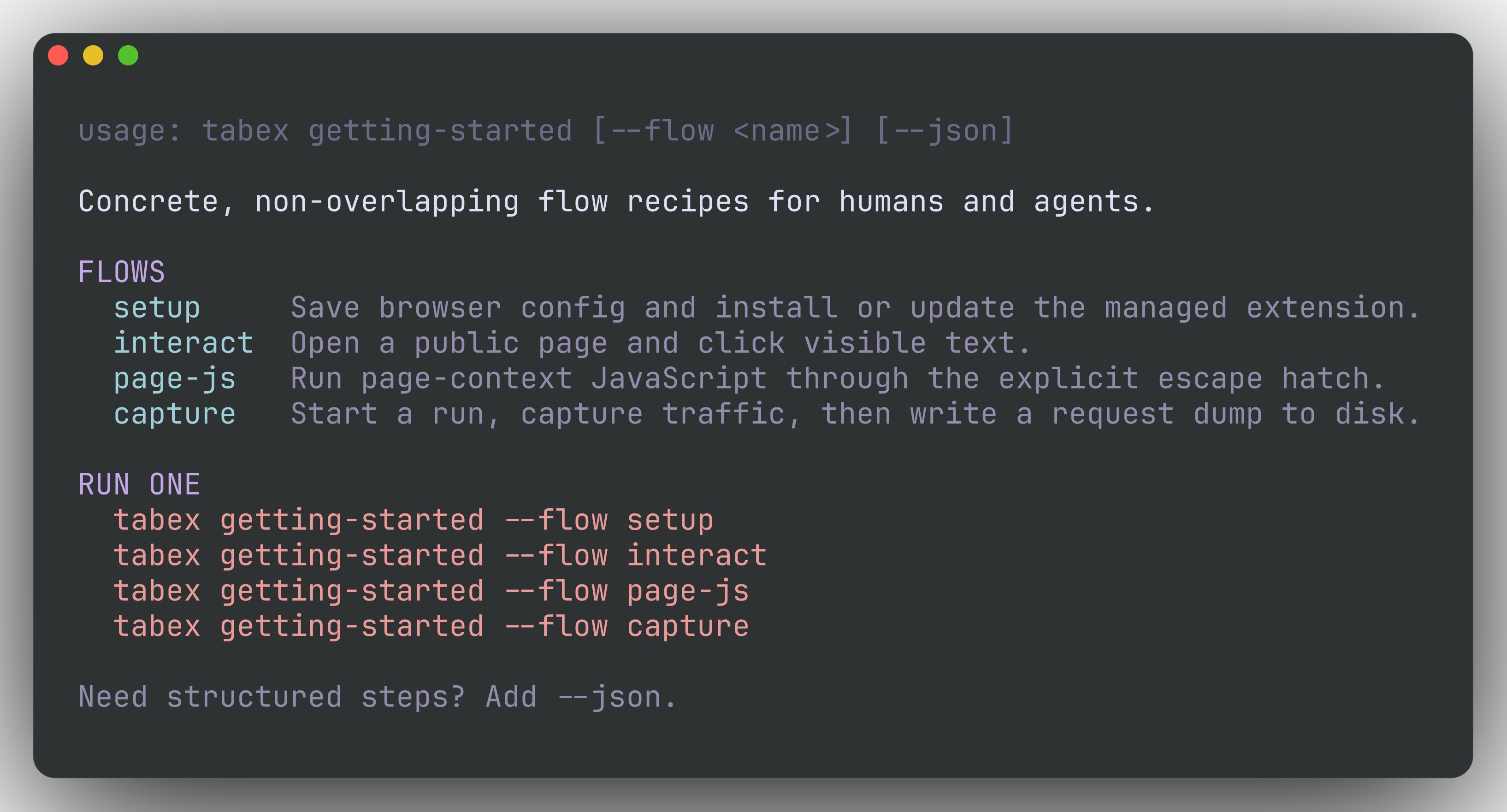 tabex getting-started command output