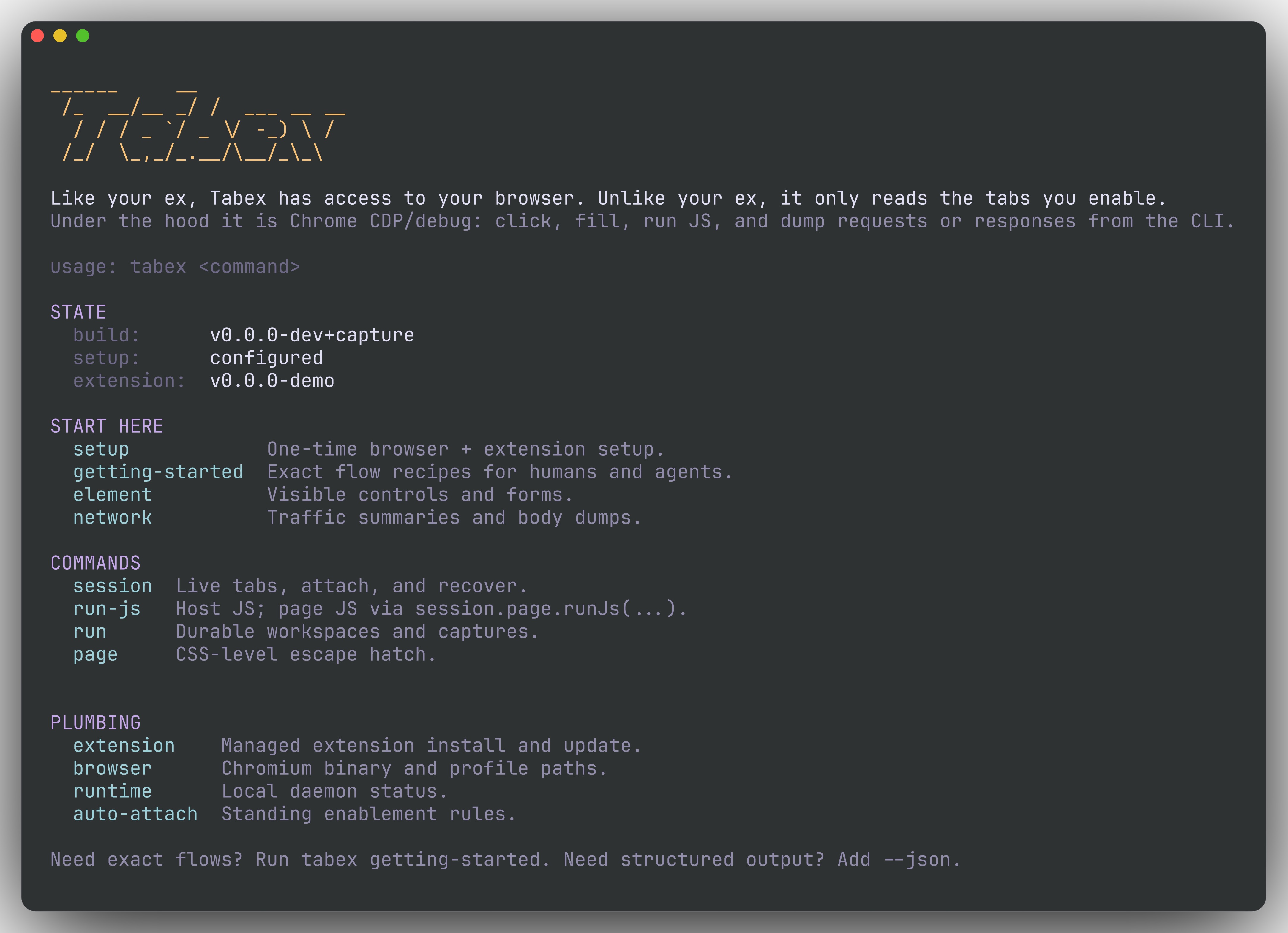 tabex root command output